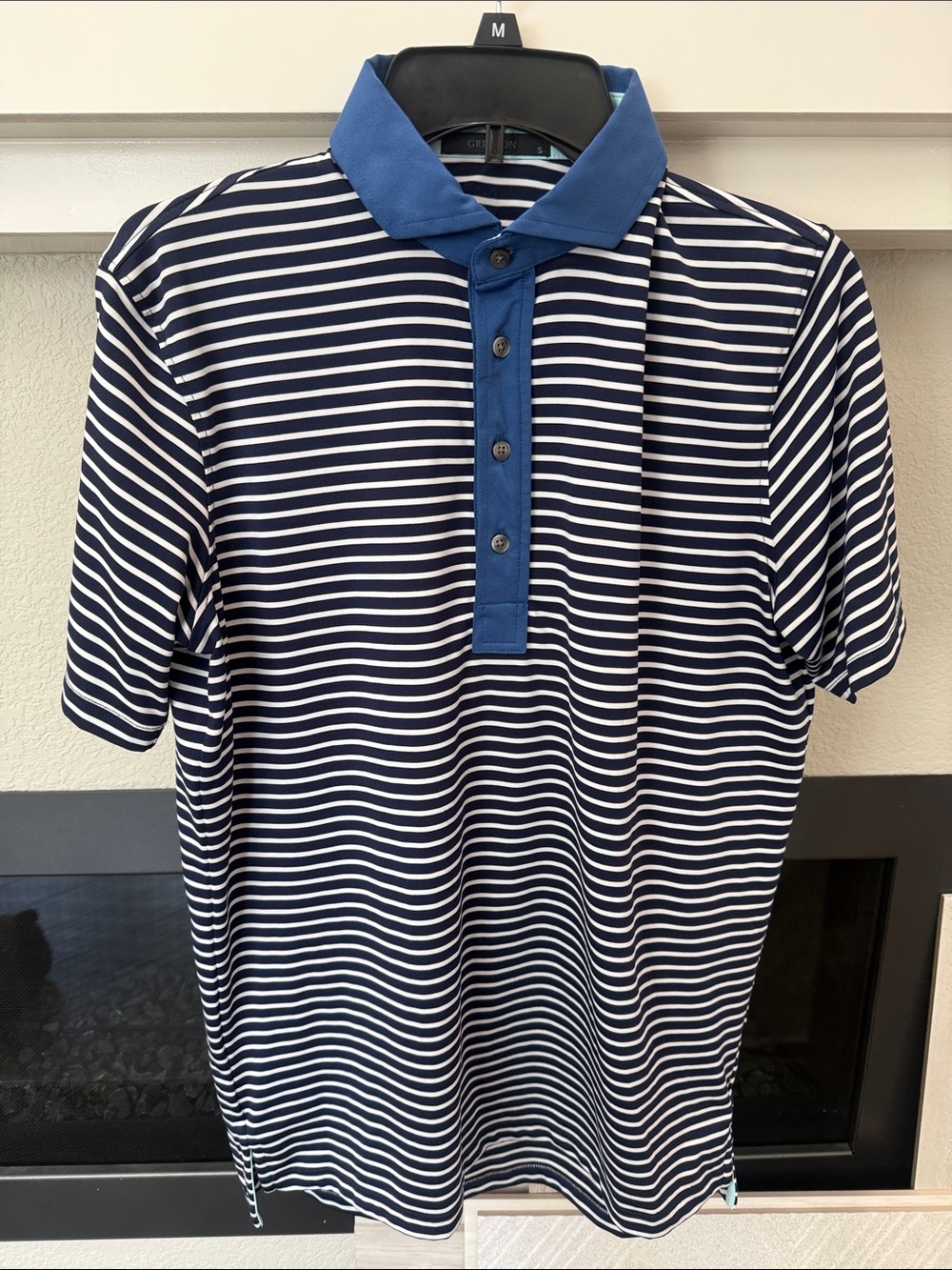 Greyson Navy and White Striped Polo with Blue Placket
